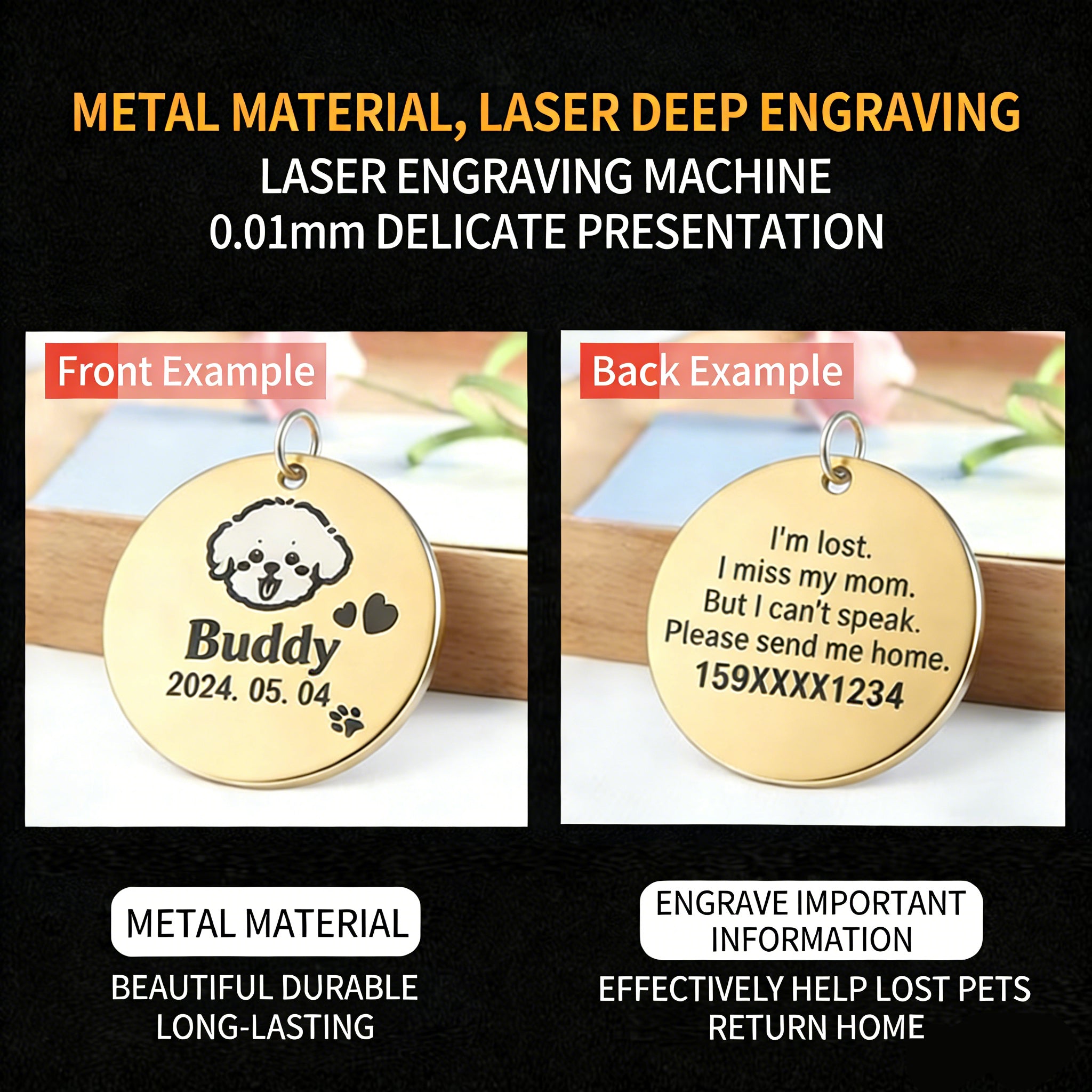 Customizable pet ID tags, anti-loss pet identification tags for dogs and cats, engraved collars, dog necklaces, bells, and cat pendants.