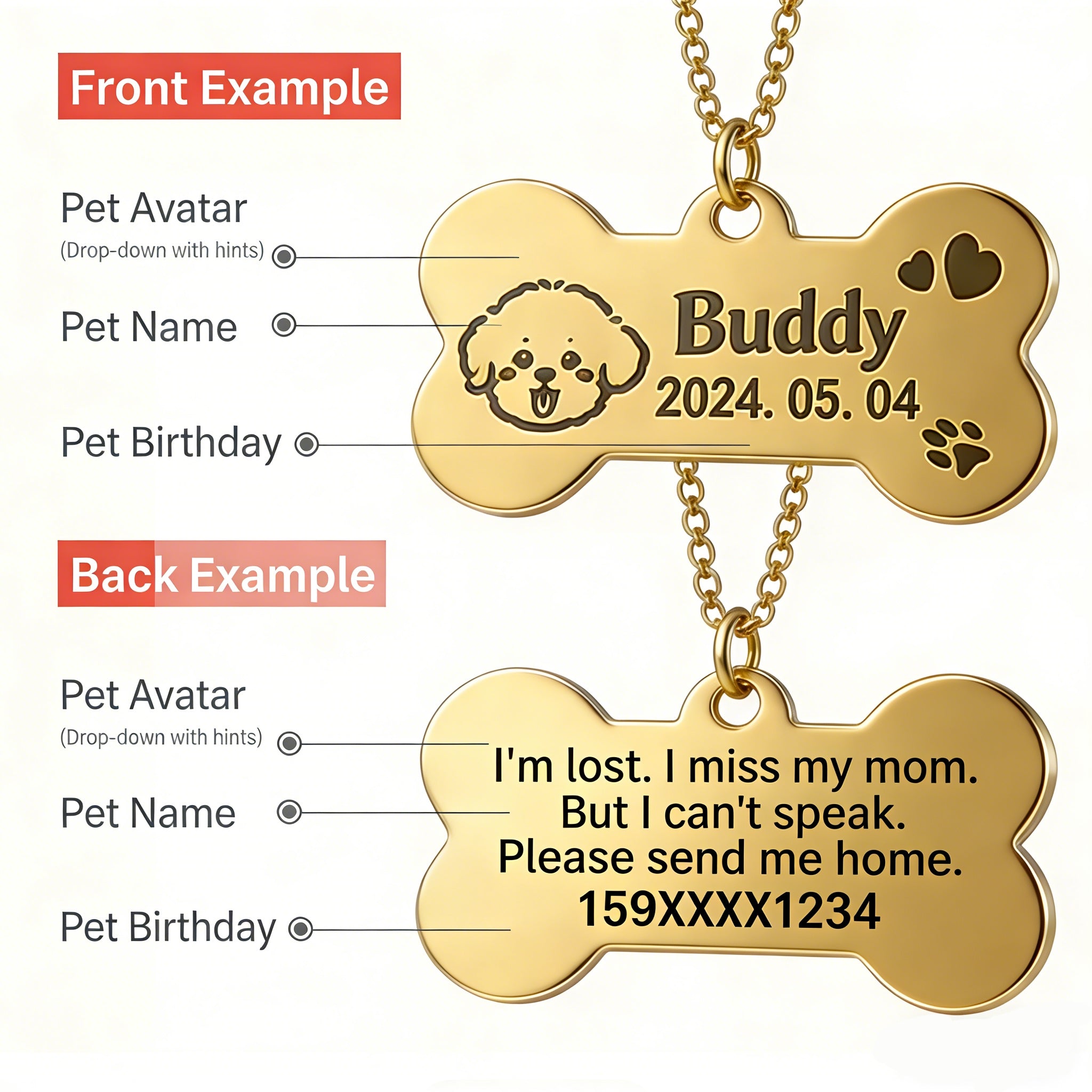 Customizable pet ID tags, anti-loss pet identification tags for dogs and cats, engraved collars, dog necklaces, bells, and cat pendants.